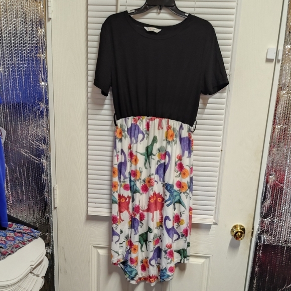 PatPat Black and Multicolor Dinosaur Midi Dress - Picture 1 of 4